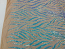 Feather Wings Sequins - Iridescent Aqua on Nude - 4 Way Stretch Embroidered Wings Sequin By Yard