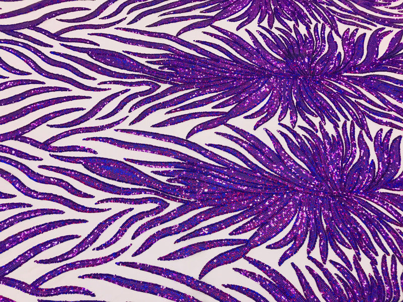 Feather Wings Sequins - Hologram Purple - 4 Way Stretch Embroidered Wings Sequin By Yard