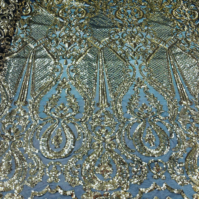 Sequin Gold Lace Fabric, DAMASK Design Embroidered on Black Mesh 4 way Stretch Sequin By The Yard -Prom-Gown ( Choose The Size )