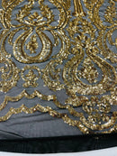 Sequin Gold Lace Fabric, DAMASK Design Embroidered on Black Mesh 4 way Stretch Sequin By The Yard -Prom-Gown ( Choose The Size )