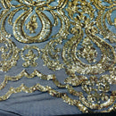 Sequin Gold Lace Fabric, DAMASK Design Embroidered on Black Mesh 4 way Stretch Sequin By The Yard -Prom-Gown ( Choose The Size )