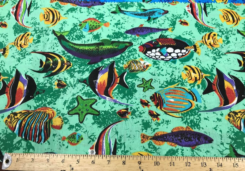 Mia's Fabrics Inc, Green Fish Tank Aquarium Printed Poly Cotton Fabric By The Yard - 60" (Pick a Size)