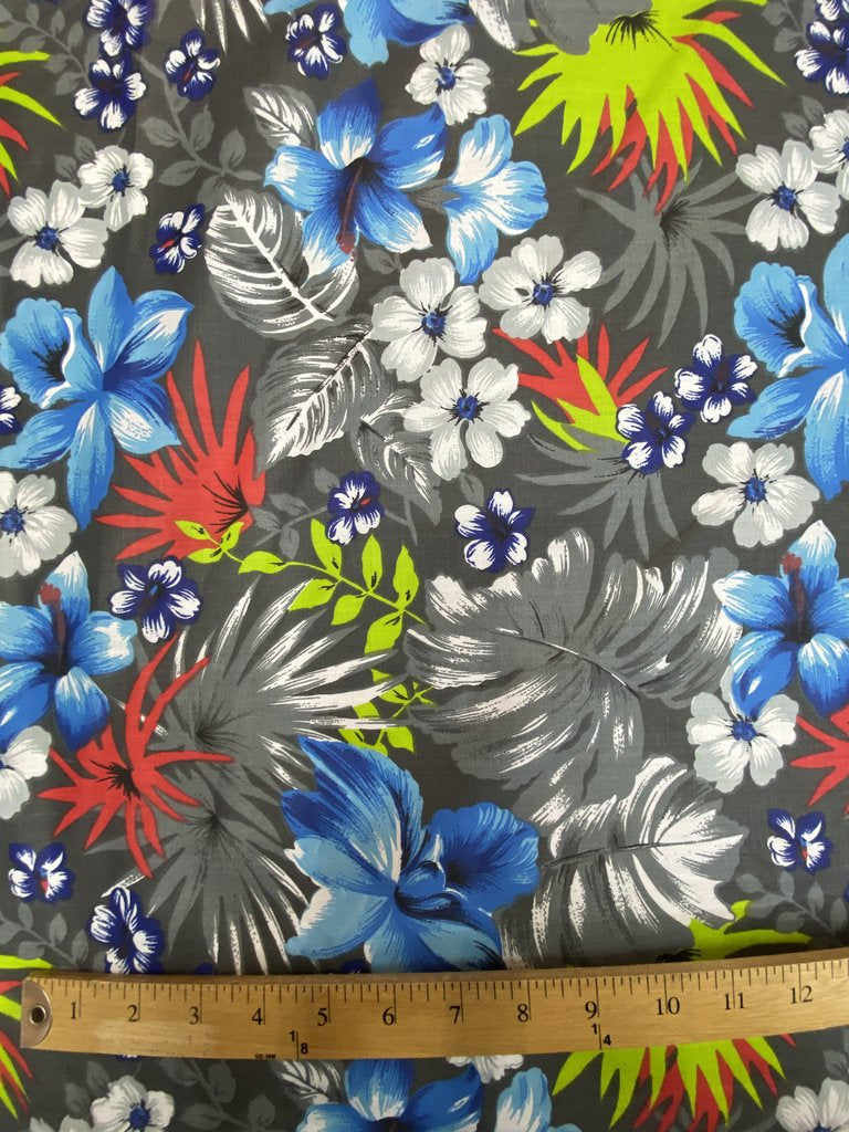 Mia's Fabrics Inc, Gray Hawaiian Print Tropical Poly Cotton Fabric Floral 60" By Yard (Pick a Size)