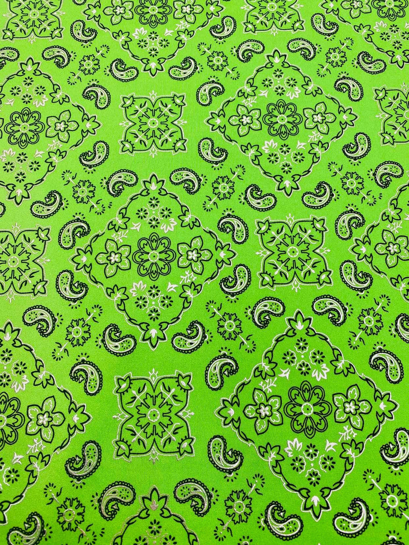 Mia's Fabrics Inc, Lime Green Bandana Print Fabrics - Lycra Spandex Fabric Sold By The Yard (Pick a Size)