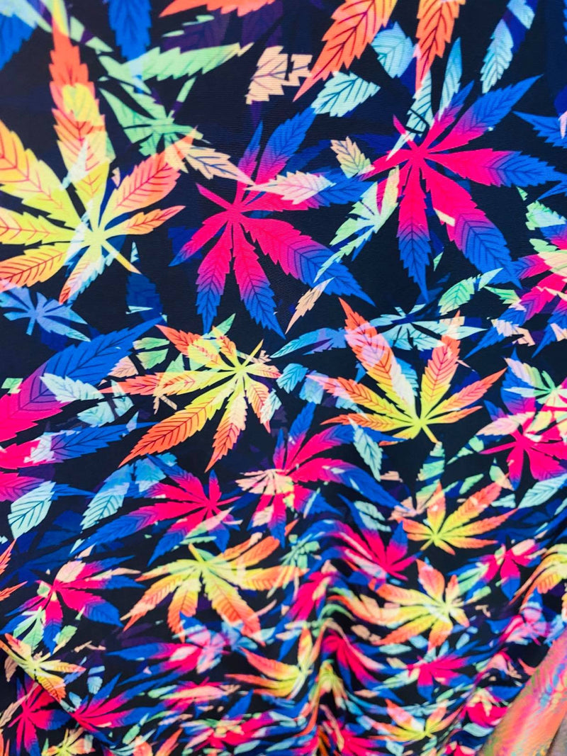 Lycra Spandex Fabric - Hemp Leaf Print Leaf Print - Blue Multi-Color Sold By The Yard (Pick a Size)