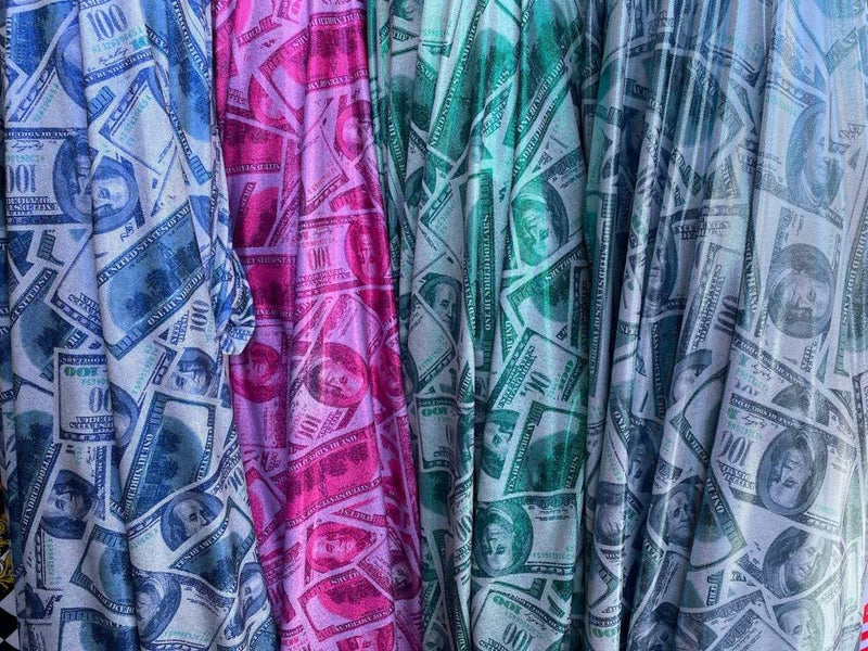 Mia's Fabrics Inc, Money Print Fabric - Light Blue Metallic - 100 Dollar Bills Stretch Spandex Fabric, Sold By The Yard (Pick a Size)