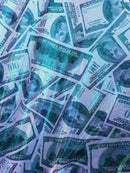 Mia's Fabrics Inc, Money Print Fabric - Metallic Green - 100 Dollar Bills Stretch Spandex Fabric, Sold By The Yard (Pick a Size)