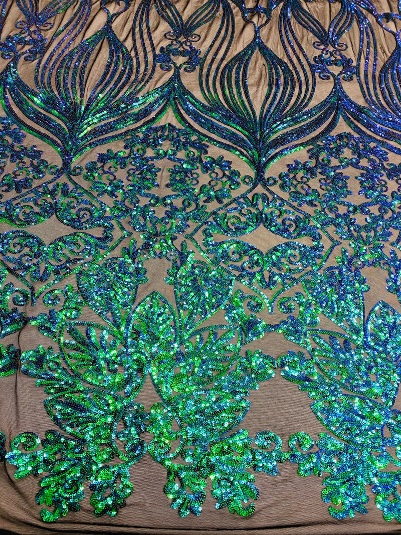 Damask Small Heart Design - Iridescent Green - Floral Heart Design Sequins on Mesh By Yard