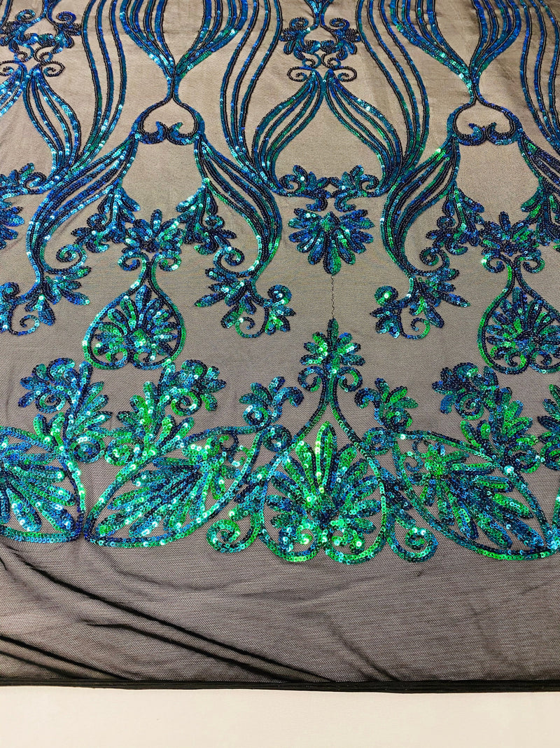 Damask Small Heart Design - Iridescent Green - Floral Heart Design Sequins on Mesh By Yard