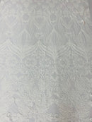 Damask Small Heart Design - White - Floral Heart Design Sequins on Mesh By Yard