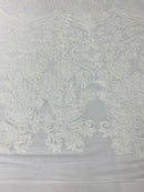 Damask Small Heart Design - White - Floral Heart Design Sequins on Mesh By Yard