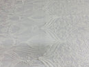 Damask Small Heart Design - White - Floral Heart Design Sequins on Mesh By Yard