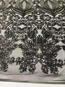Black Sequin on Black Mesh 4way Stretch Embroidery With Sequin on a Mesh Lace Fabric By The Yard For Gown, Wedding-Bridal-Dress