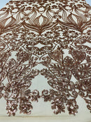 Damask Small Heart Design - Rose Gold on Light Nude - Floral Heart Design Sequins on Mesh By Yard