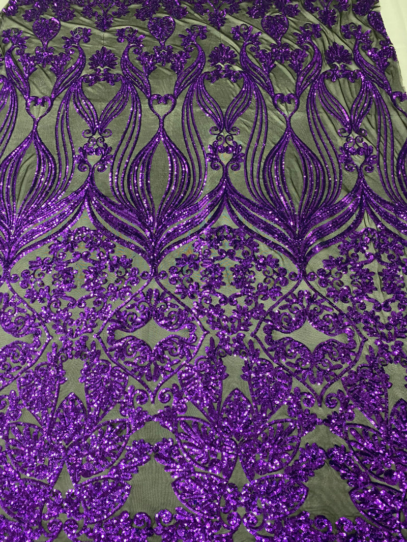 Damask Small Heart Design - Purple Sequin on Black - Floral Heart Design Sequins on Mesh By Yard
