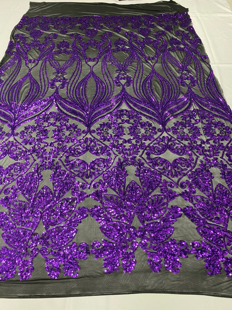 Damask Small Heart Design - Purple Sequin on Black - Floral Heart Design Sequins on Mesh By Yard