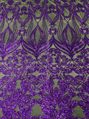 Damask Small Heart Design - Purple Sequin on Black - Floral Heart Design Sequins on Mesh By Yard