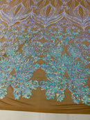 Aqua Iridescent Sequin on Skin Mesh 4way Stretch Embroidery With Sequin on a Mesh Lace Fabric By The Yard For Gown, Wedding-Bridal-Dress
