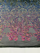 Damask Small Heart Design - Iridescent Rainbow - Floral Heart Design Sequins on Mesh By Yard