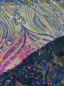 Damask Small Heart Design - Iridescent Rainbow - Floral Heart Design Sequins on Mesh By Yard