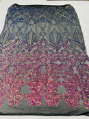 Damask Small Heart Design - Iridescent Rainbow - Floral Heart Design Sequins on Mesh By Yard