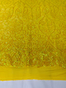 Yellow Iridescent Sequin on Yellow Mesh 4way Stretch Embroidery With Sequin on a Mesh Lace Fabric By The Yard For Gown, Wedding-Bridal-Dress
