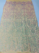 Damask Fancy Pattern Fabric - Iridescent Sequin on Lt Nude - 4 Way Stretch Sequins Prom Design By Yard