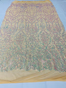 Damask Fancy Pattern Fabric - Iridescent Sequin on Lt Nude - 4 Way Stretch Sequins Prom Design By Yard