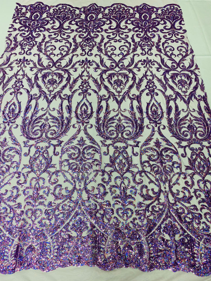 Damask Fancy Pattern Fabric - Lilac Holographic - 4 Way Stretch Sequins Prom Design By Yard