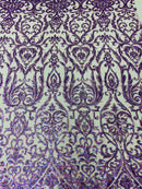 Damask Fancy Pattern Fabric - Lilac Holographic - 4 Way Stretch Sequins Prom Design By Yard