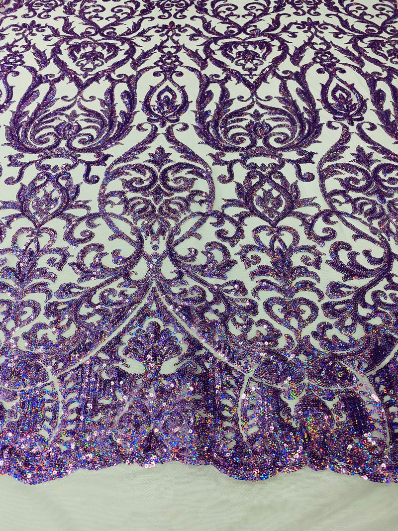 Damask Fancy Pattern Fabric - Lilac Holographic - 4 Way Stretch Sequins Prom Design By Yard