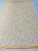 White Sequin on Nude Mesh 4way Stretch Embroidery With Sequin on a Mesh Lace Fabric By The Yard For Gown, Wedding-Bridal-Dress