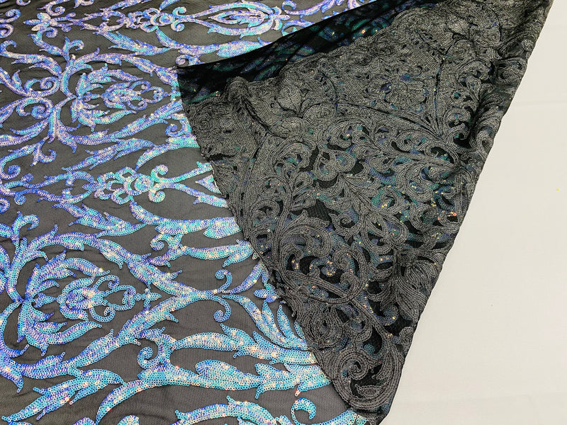 Damask Fancy Pattern Fabric - Iridescent Aqua on Black - 4 Way Stretch Sequins Prom Design By Yard