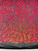 Damask Fancy Pattern Fabric - Iridescent Orange - 4 Way Stretch Sequins Prom Design By Yard