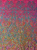 Damask Fancy Pattern Fabric - Iridescent Orange - 4 Way Stretch Sequins Prom Design By Yard