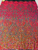 Damask Fancy Pattern Fabric - Iridescent Orange - 4 Way Stretch Sequins Prom Design By Yard