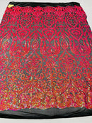 Damask Fancy Pattern Fabric - Iridescent Orange - 4 Way Stretch Sequins Prom Design By Yard