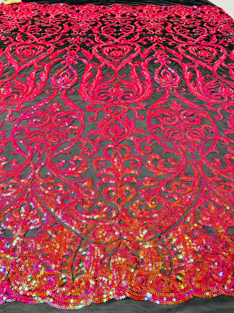 Damask Fancy Pattern Fabric - Iridescent Orange - 4 Way Stretch Sequins Prom Design By Yard