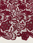 Burgundy Guipure Lace Fabric Floral Bridal Lace Guipure Wedding Dress by the Yard (Pick a Size)