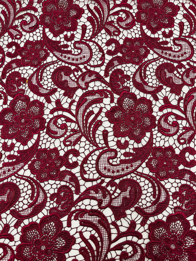 Burgundy Guipure Lace Fabric Floral Bridal Lace Guipure Wedding Dress by the Yard (Pick a Size)