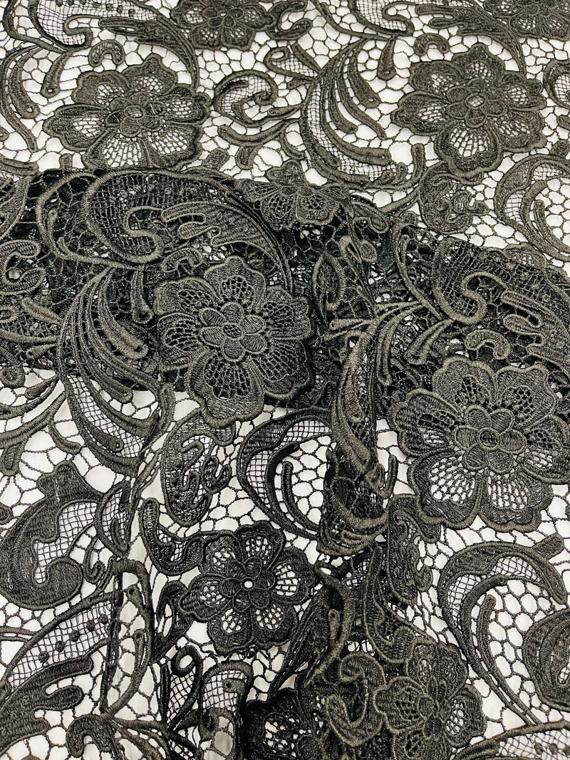 Black Guipure Lace Fabric Floral Bridal Lace Guipure Wedding Dress by the Yard (Pick a Size)