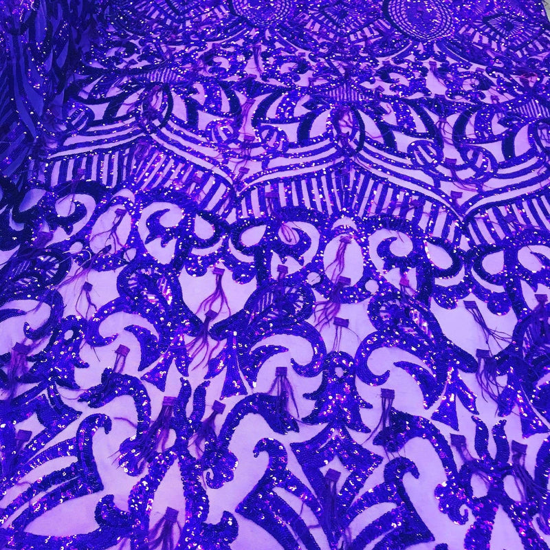 Luxury Feather Sequins - Iridescent Purple- 4 Way Stretch Glamorous Fringe Feather Sequins Fabric Spandex Mesh-Prom-Gown By The Yard