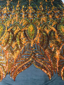 Luxury Feather Sequins - Iridescent Orange - 4 Way Stretch Glamorous Fringe Feather Sequins Fabric Spandex Mesh-Prom-Gown By The Yard