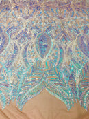 Luxury Feather Sequins - Iridescent Aqua - 4 Way Stretch Glamorous Fringe Feather Sequins Fabric Spandex Mesh-Prom-Gown By The Yard
