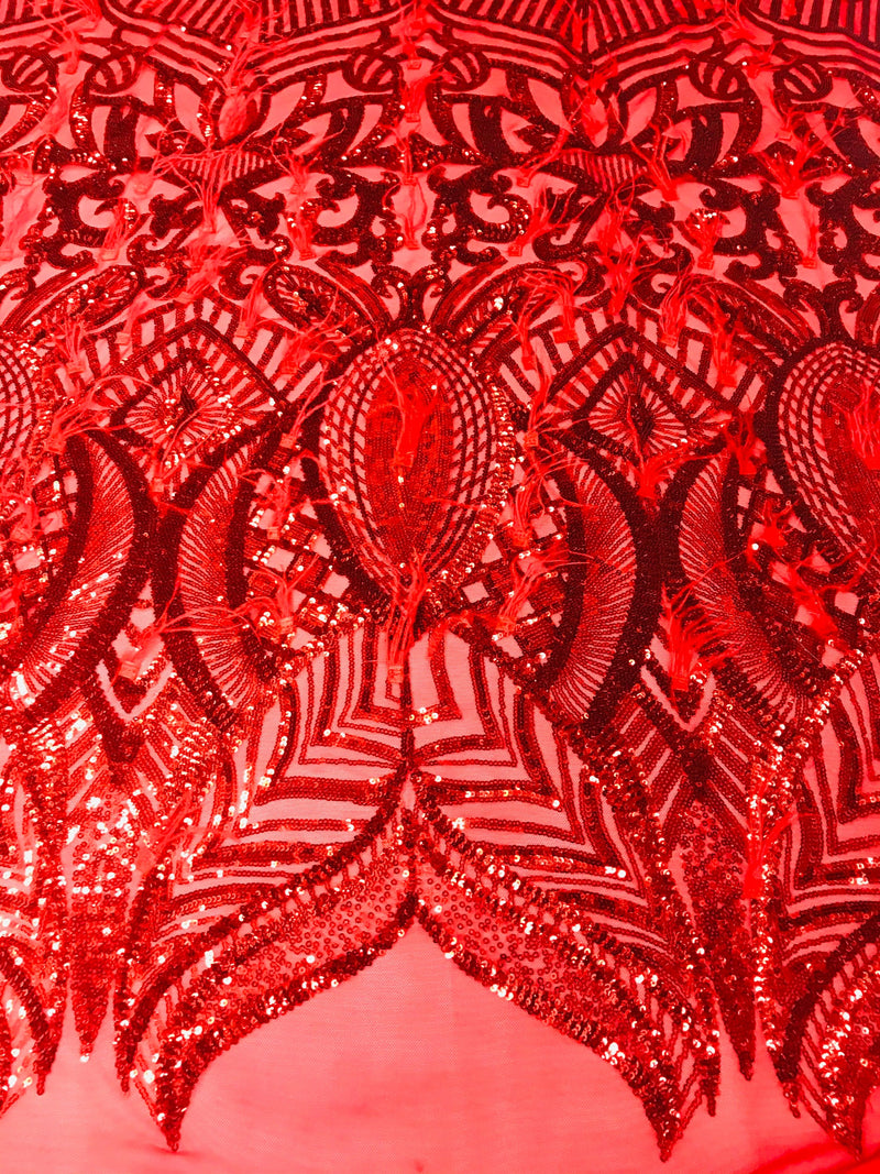 Luxury Feather Sequins - Red - 4 Way Stretch Glamorous Fringe Feather Sequins Fabric Spandex Mesh-Prom-Gown By The Yard