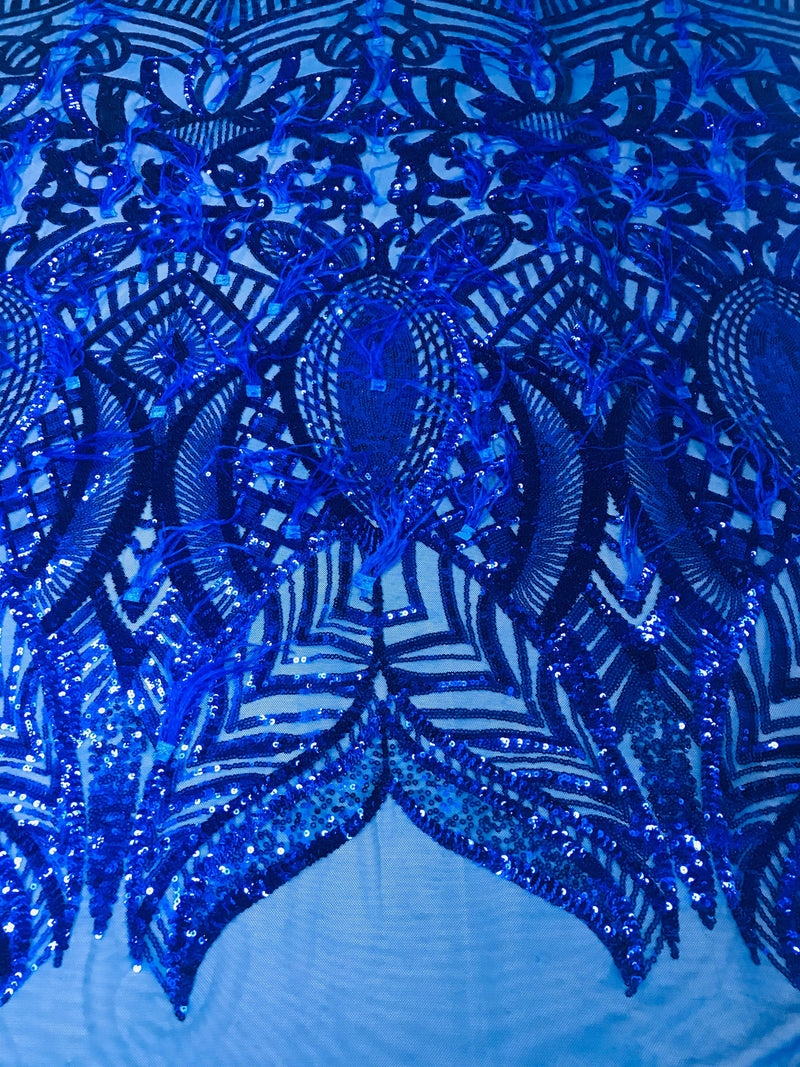 Luxury Feather Sequins - Royal Blue - 4 Way Stretch Glamorous Fringe Feather Sequins Fabric Spandex Mesh-Prom-Gown By The Yard