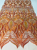 Luxury Feather Sequins - Iridescent orange - 4 Way Stretch Glamorous Fringe Feather Sequins Fabric Spandex Mesh-Prom-Gown By The Yard