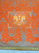 Neon Orange Sequin on Skin Mesh Embroidered With Sequins Fabric 4 Way Stretch Damask Design Sequin Lace Fabric, Mesh-Prom-Gown By The Yard