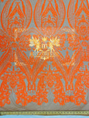 Neon Orange Sequin on Skin Mesh Embroidered With Sequins Fabric 4 Way Stretch Damask Design Sequin Lace Fabric, Mesh-Prom-Gown By The Yard