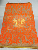 Neon Orange Sequin on Skin Mesh Embroidered With Sequins Fabric 4 Way Stretch Damask Design Sequin Lace Fabric, Mesh-Prom-Gown By The Yard